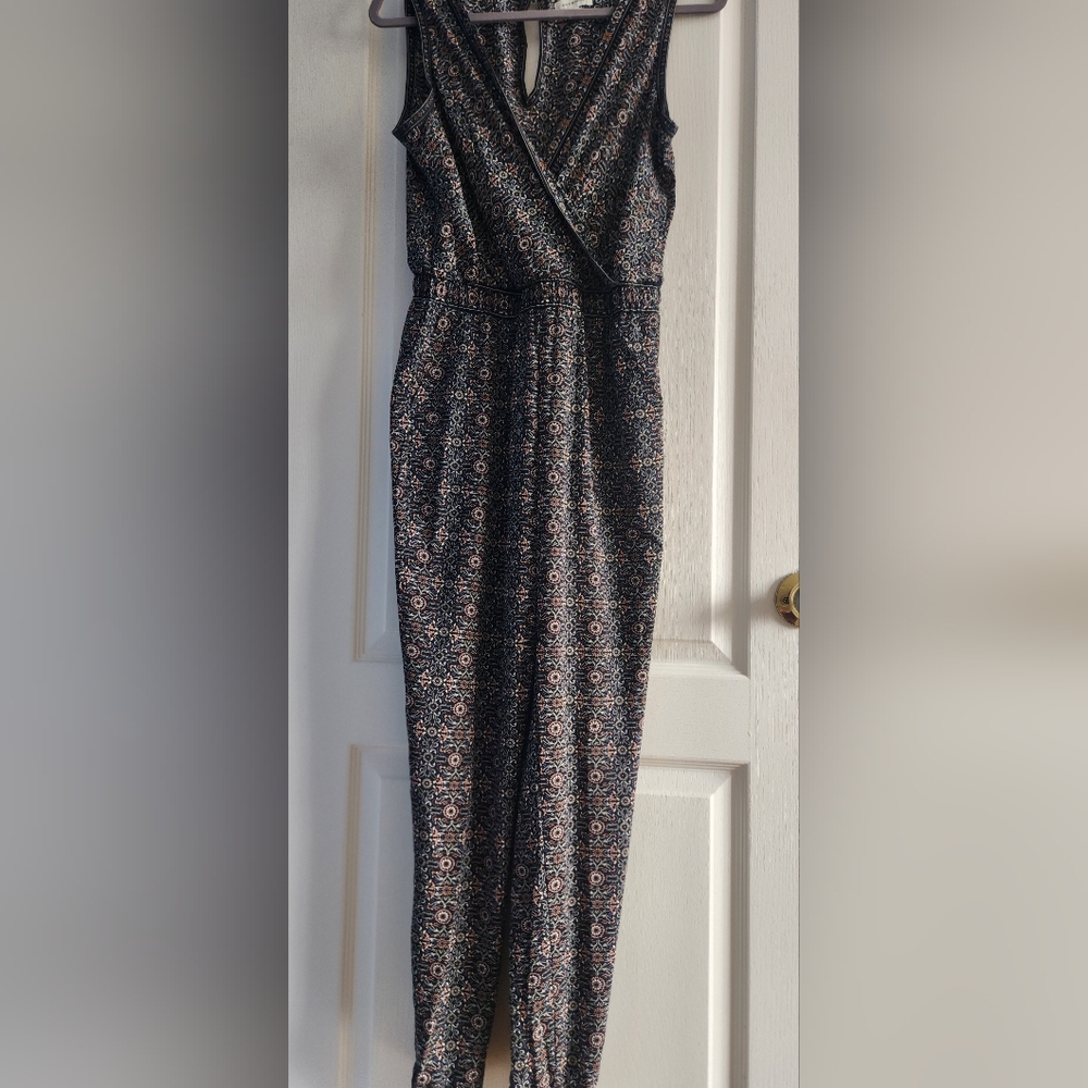 Max Studio Navy Floral Wrap Jumpsuit with Coral Accents